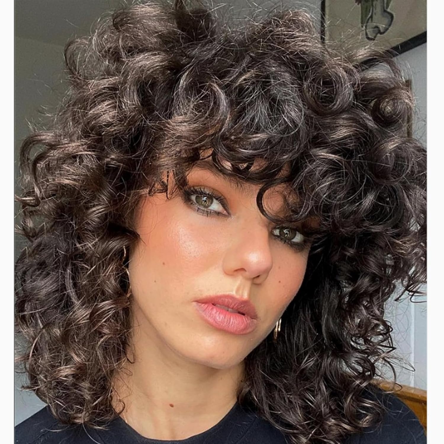 Full head hairstyle with natural fluffy wig and bangs
