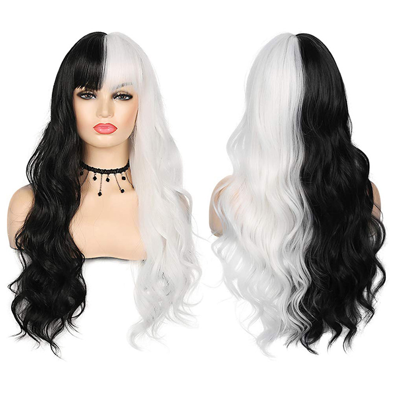 Full head wig black & white long straight hair with bangs