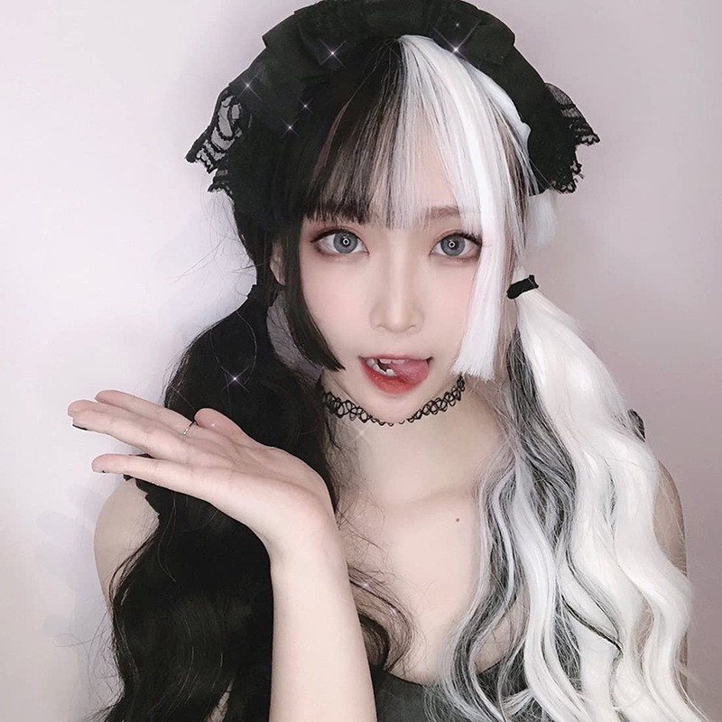 Full head wig black & white long straight hair with bangs