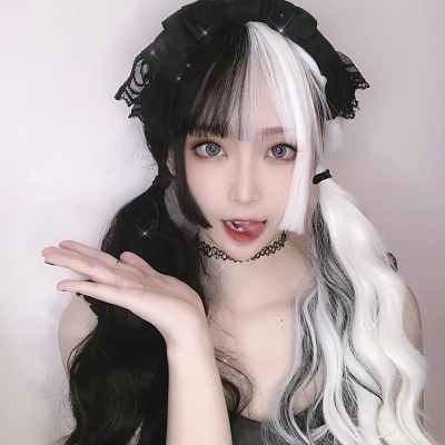 Full head wig black & white long straight hair with bangs 02