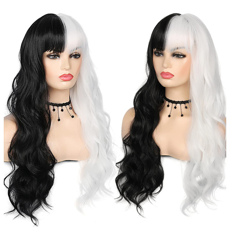Full head wig black & white long straight hair with bangs