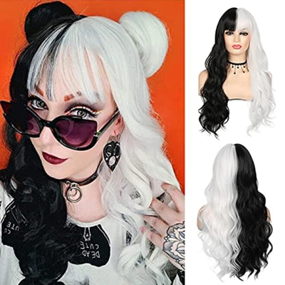 Full head wig black & white long straight hair with bangs 01