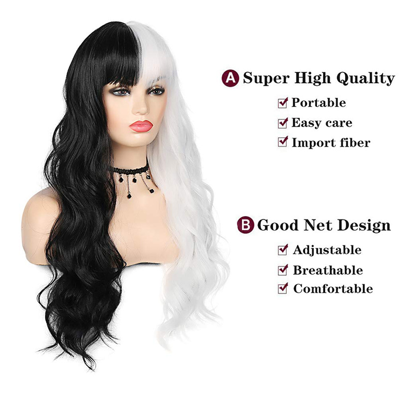 Full head wig black & white long straight hair with bangs