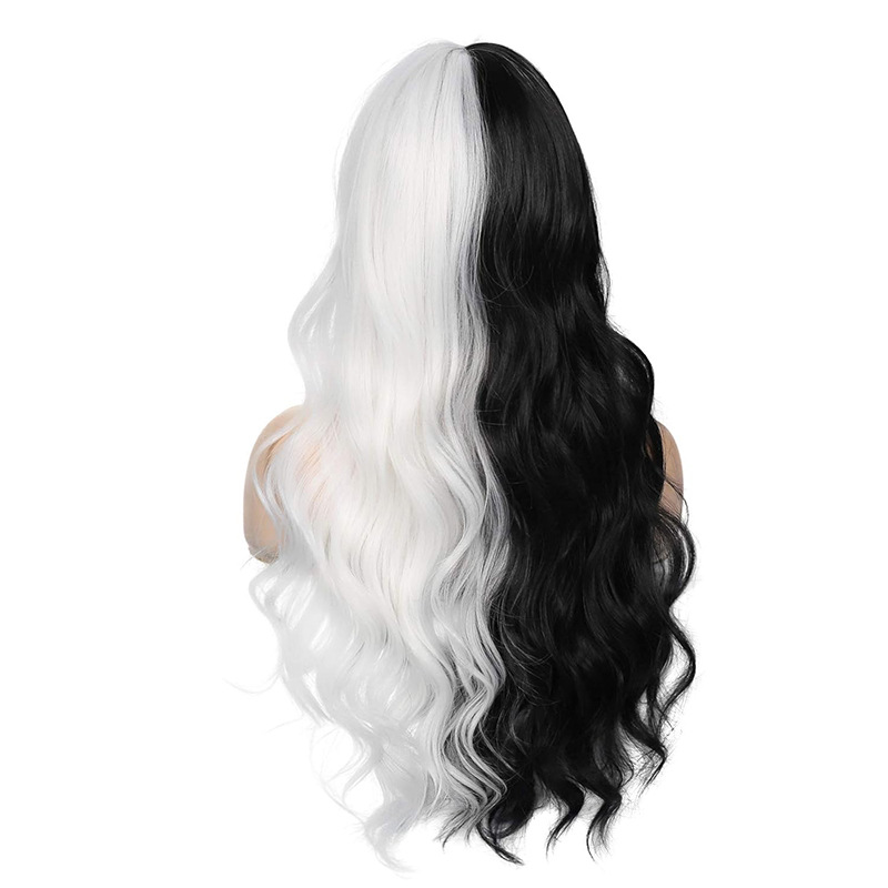 Full head wig black & white long straight hair with bangs