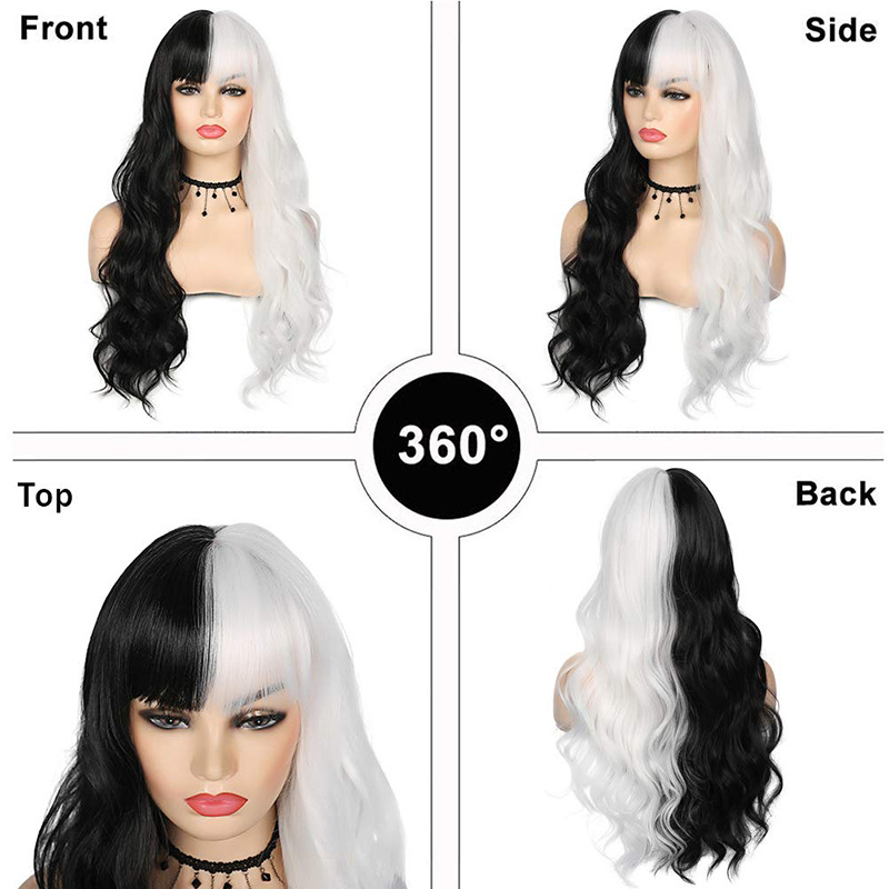 Full head wig black & white long straight hair with bangs