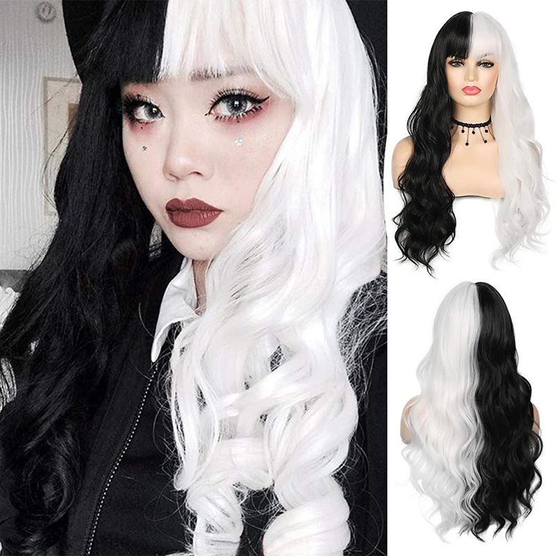 Full head wig black & white long straight hair with bangs