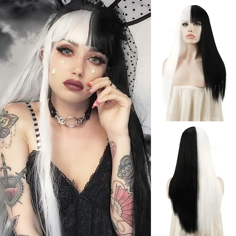 Full head wig black and white natural fluffy natural