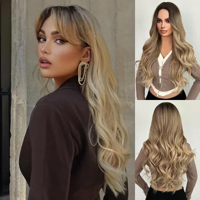 Gradient wig with full bangs & big waves 01
