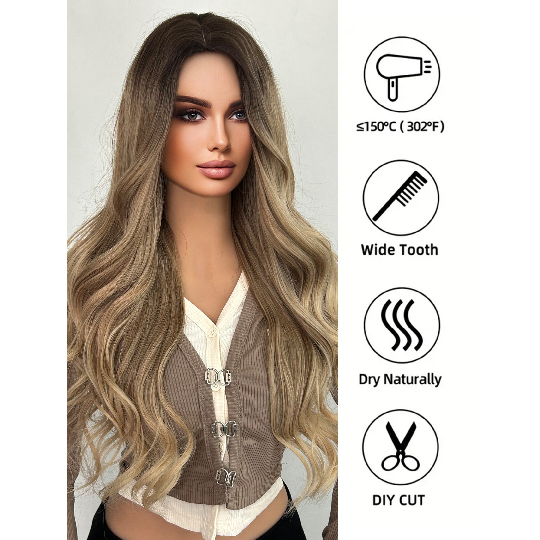 Gradient wig with full bangs & big waves