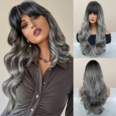 Wig, big waves, long curly hair, neat bangs 01