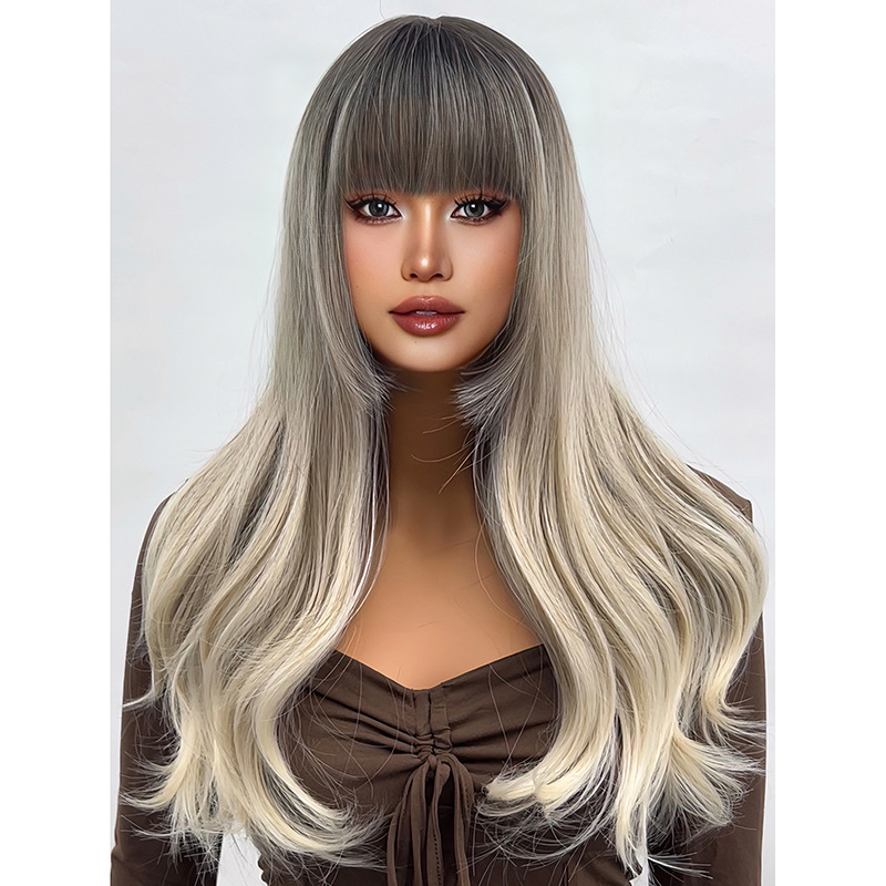 Bangs gradient gray long straight hair