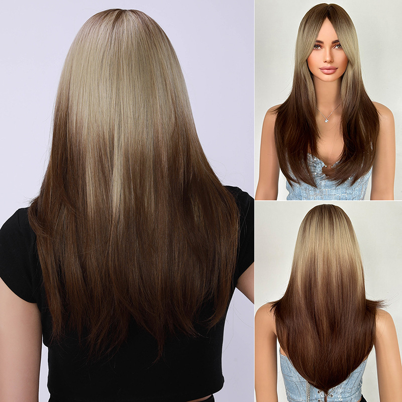 Big wave wig with bangs, black gradient gray, long straight hair