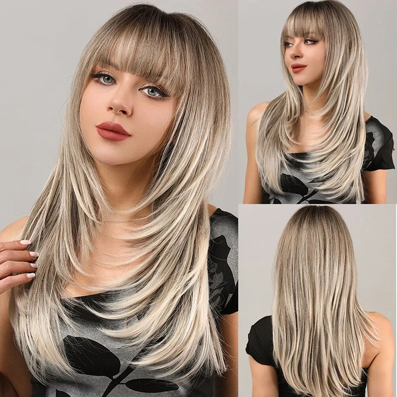 Big wave wig with bangs, black gradient gray, long straight hair