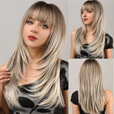 Big wave wig with bangs, black gradient gray, long straight hair 01