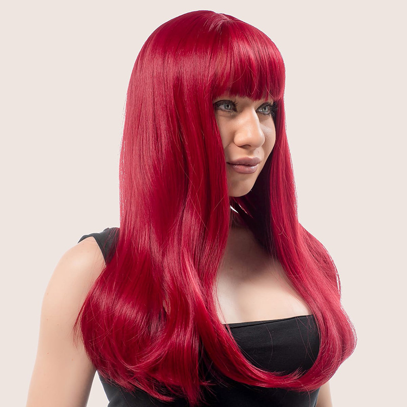 Big wave wig with bangs, black gradient gray, long straight hair