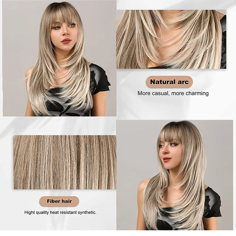 Big wave wig with bangs, black gradient gray, long straight hair