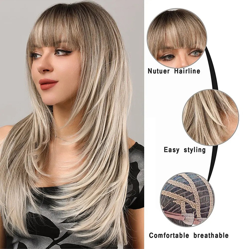 Big wave wig with bangs, black gradient gray, long straight hair