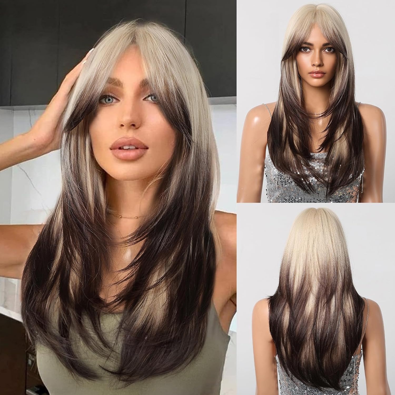 Big wave wig with bangs, black gradient gray, long straight hair
