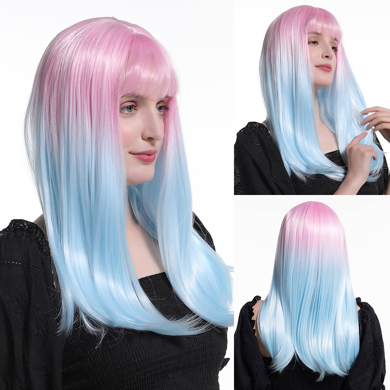 Big wave wig with bangs, black gradient gray, long straight hair