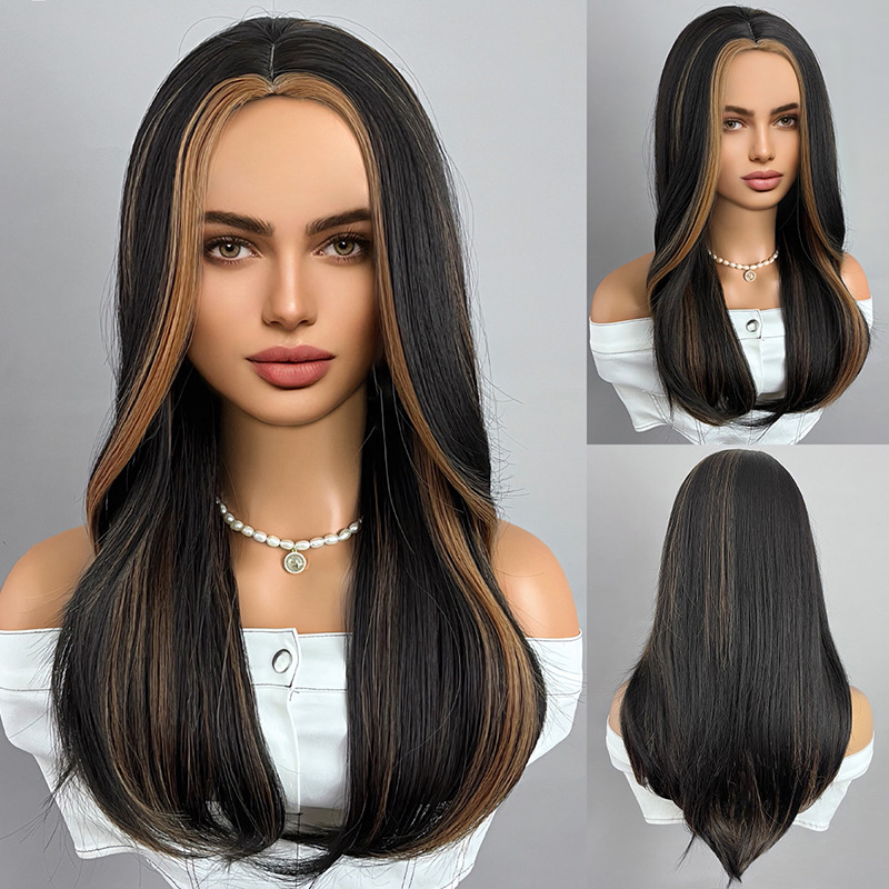 Big wave wig with bangs, black gradient gray, long straight hair