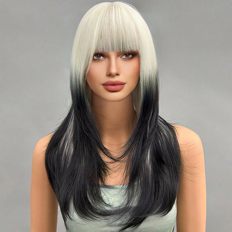 Full head hairstyle with long straight bangs and comfortable wig