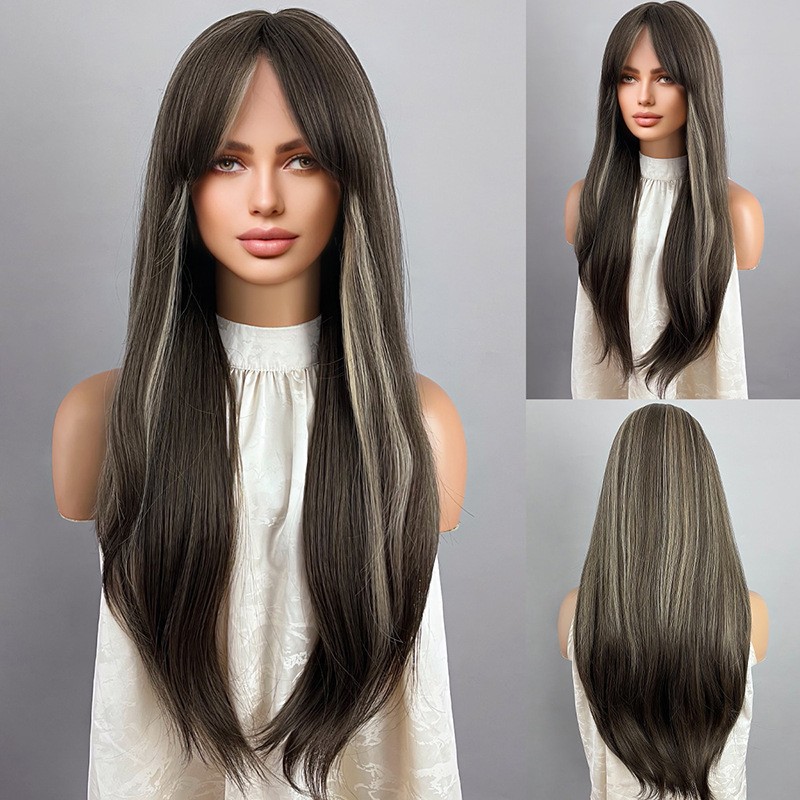 Full head hairstyle with long straight bangs and comfortable wig