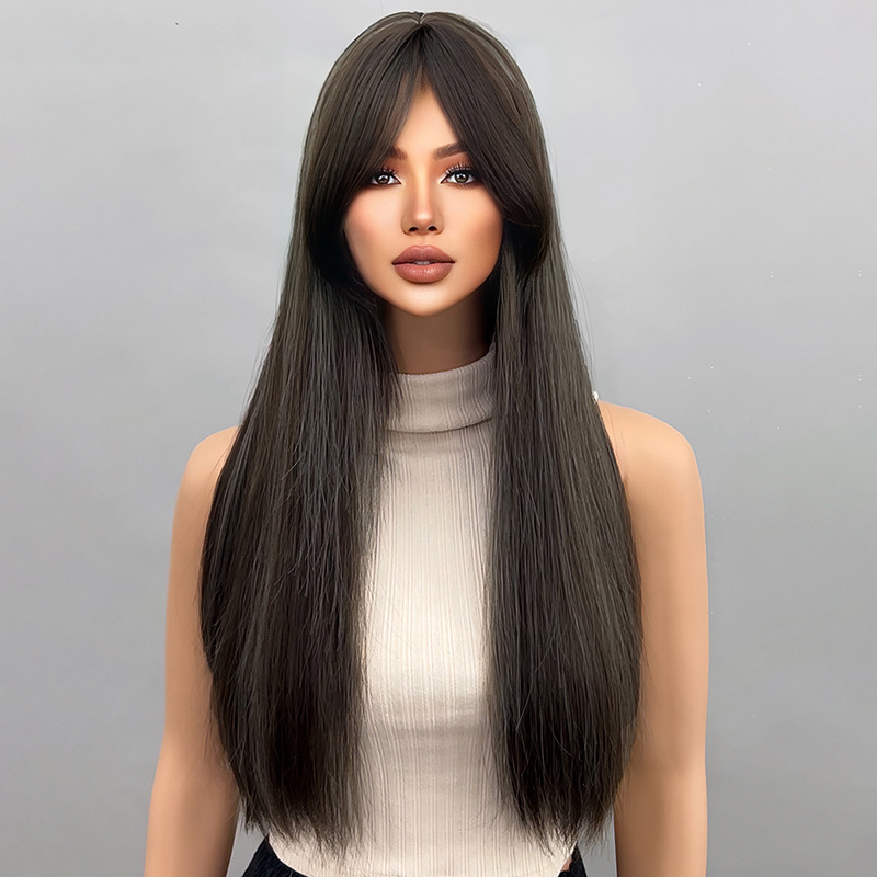Full head hairstyle with long straight bangs and comfortable wig