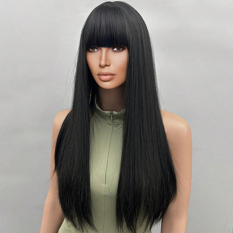 Full head hairstyle with long straight bangs and comfortable wig