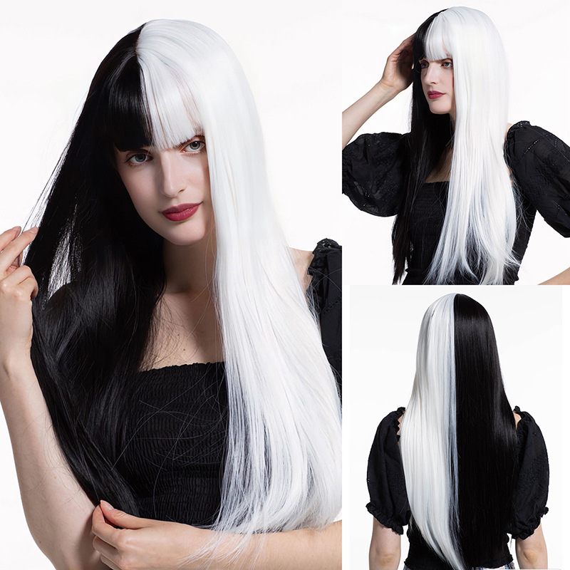 Full head hairstyle with long straight bangs and comfortable wig