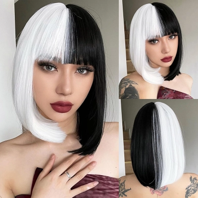 Full head short straight double tone wig with bangs 01