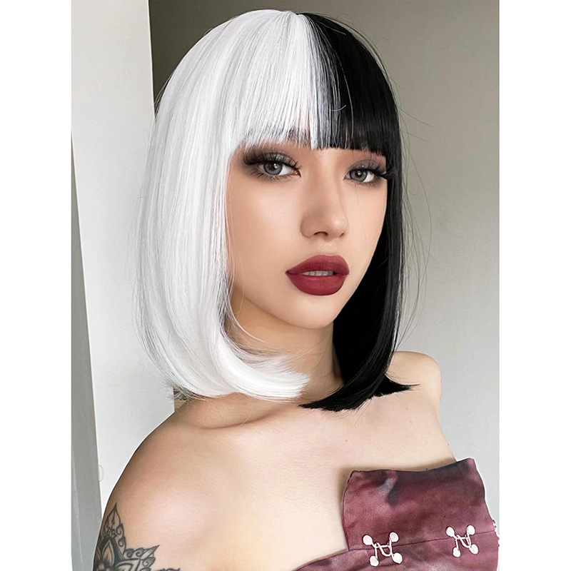 Full head short straight double tone wig with bangs
