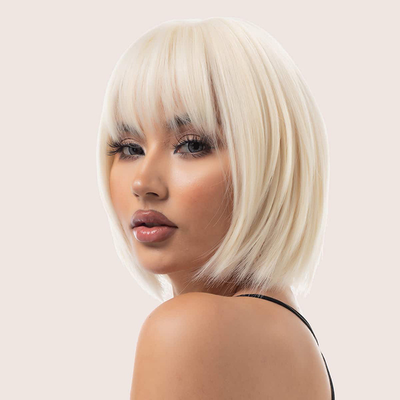 Full head short straight double tone wig with bangs