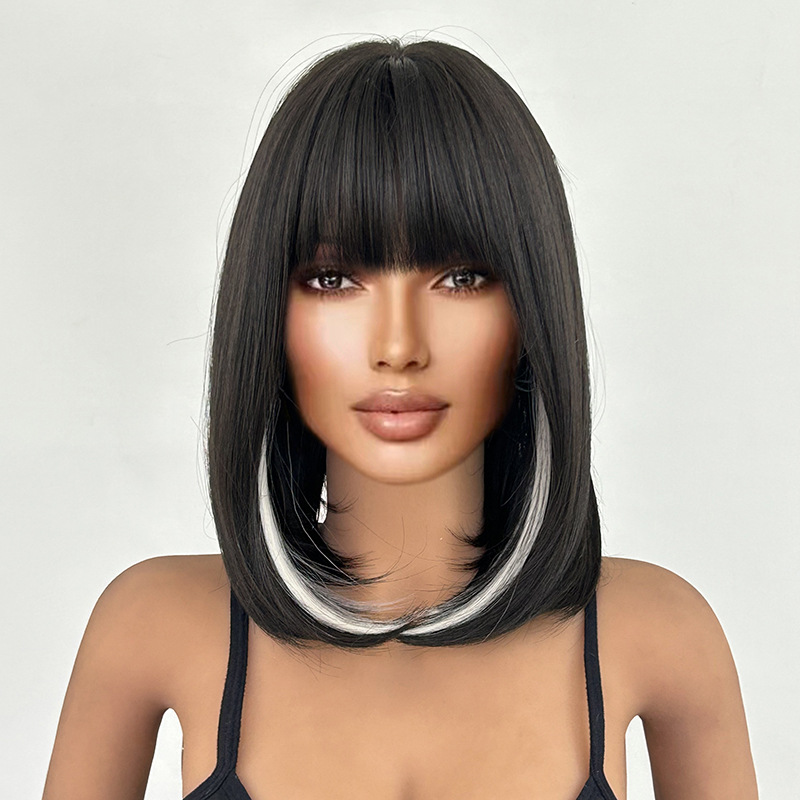 Full head short straight double tone wig with bangs