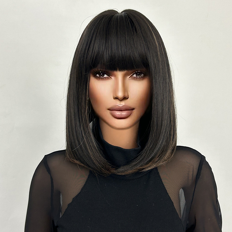 Full head short straight double tone wig with bangs