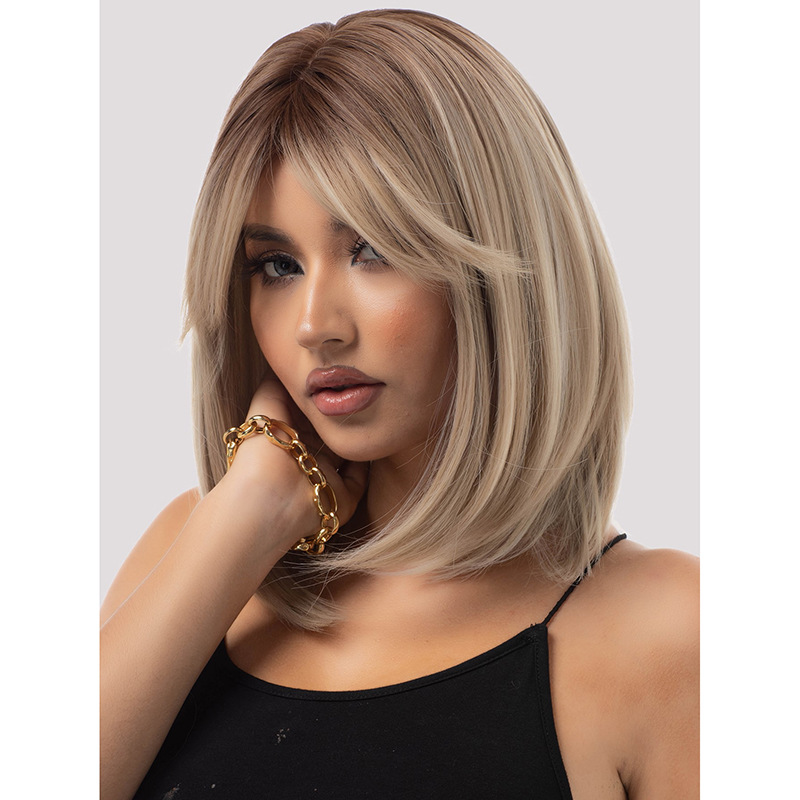 Full head short straight double tone wig with bangs