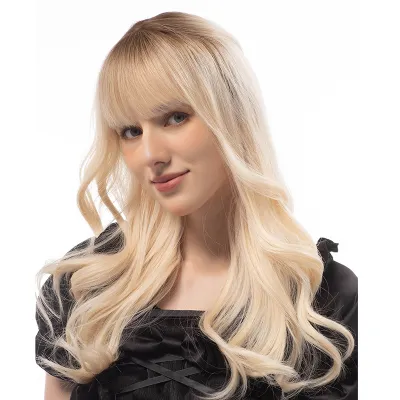 Golden long wavy curly wig with natural fluffy air bangs 01