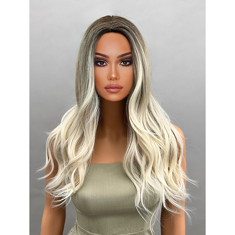 Golden long wavy curly wig with natural fluffy air bangs