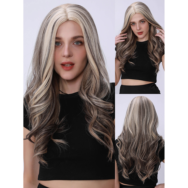 Golden long wavy curly wig with natural fluffy air bangs