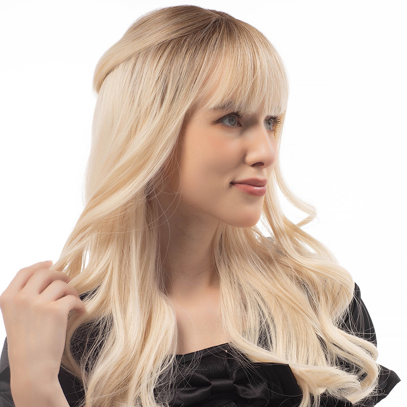 Golden long wavy curly wig with natural fluffy air bangs