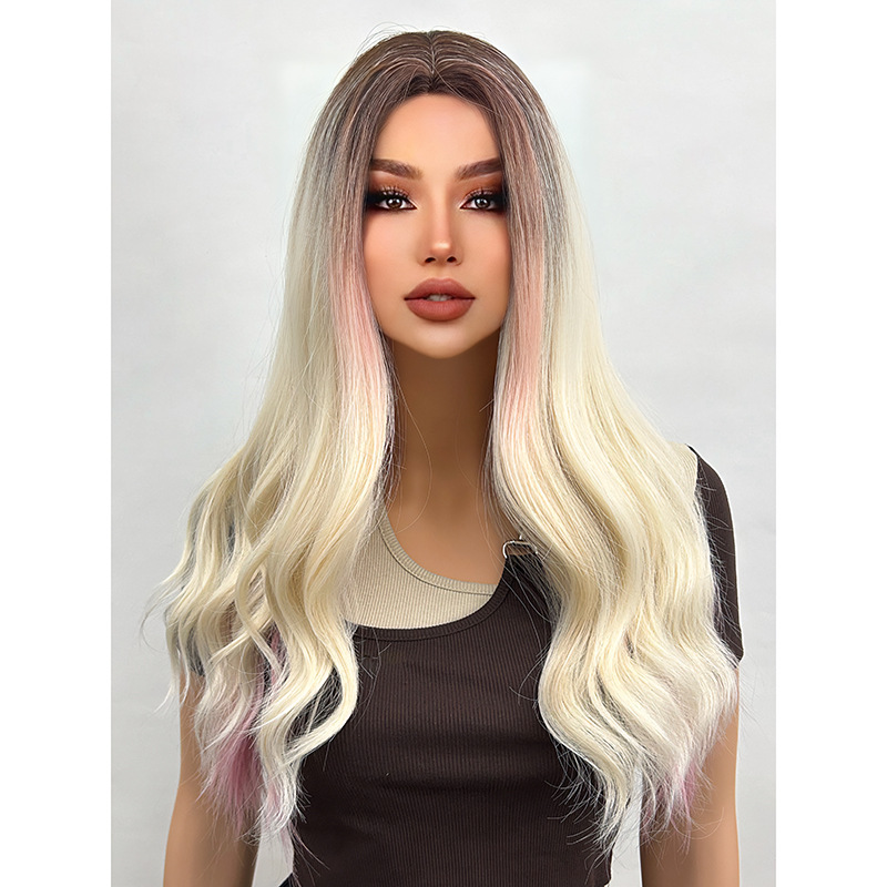 Golden long wavy curly wig with natural fluffy air bangs