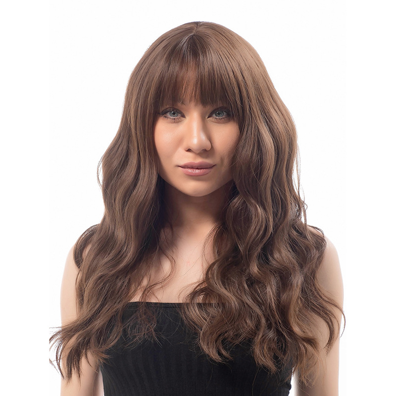 Golden long wavy curly wig with natural fluffy air bangs
