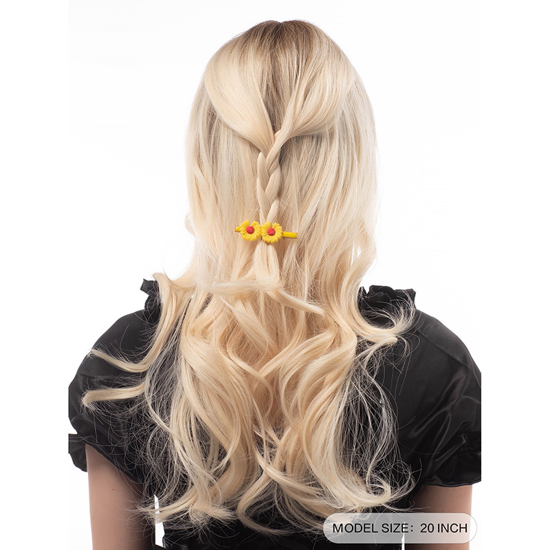 Golden long wavy curly wig with natural fluffy air bangs