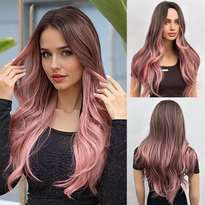 Gradient long hair, split and long curly wig 01