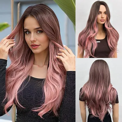 Gradient long hair, split and long curly wig 01