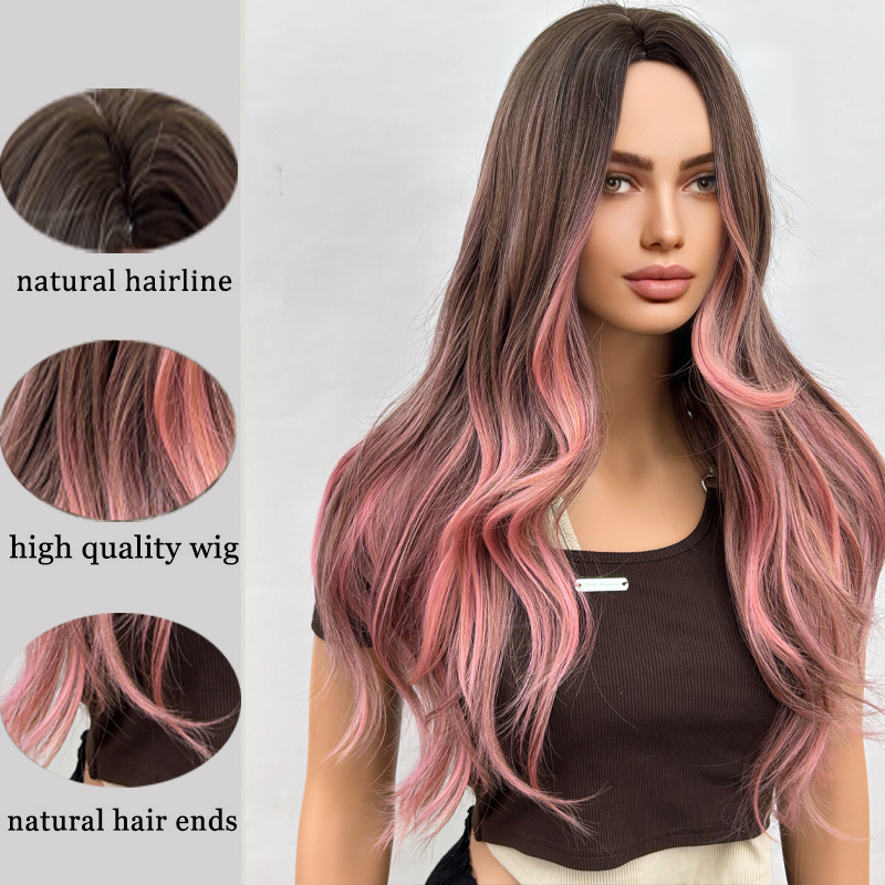 Gradient long hair, split and long curly wig