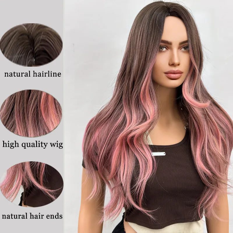 Gradient long hair, split and long curly wig