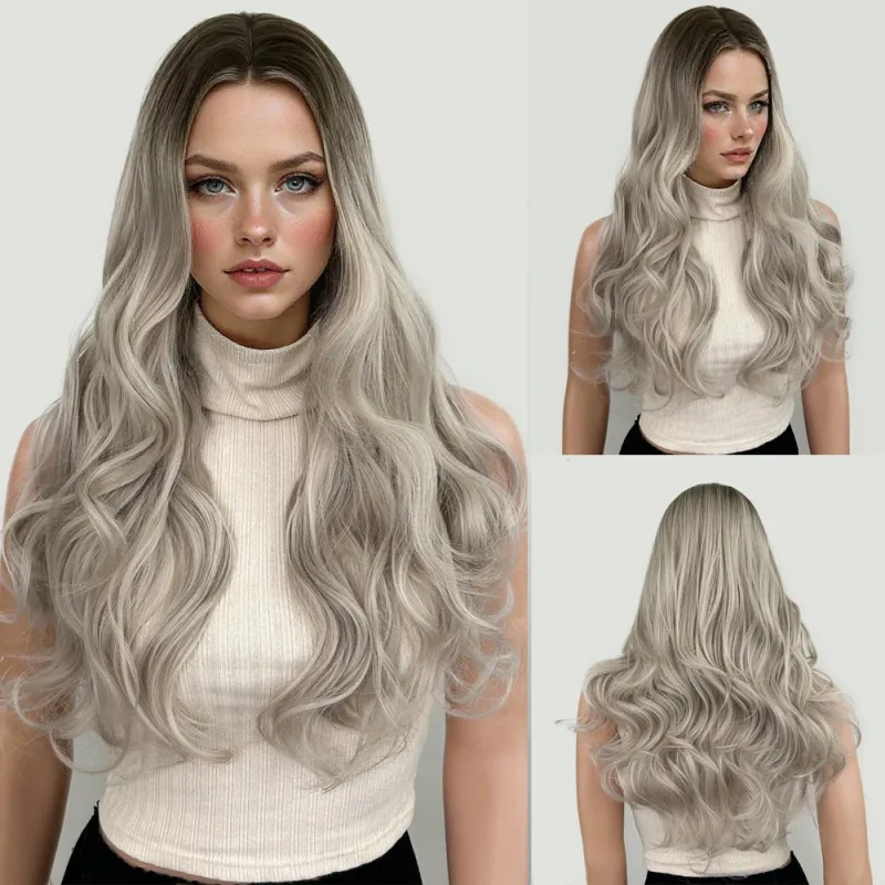 Gradient long hair, split and long curly wig