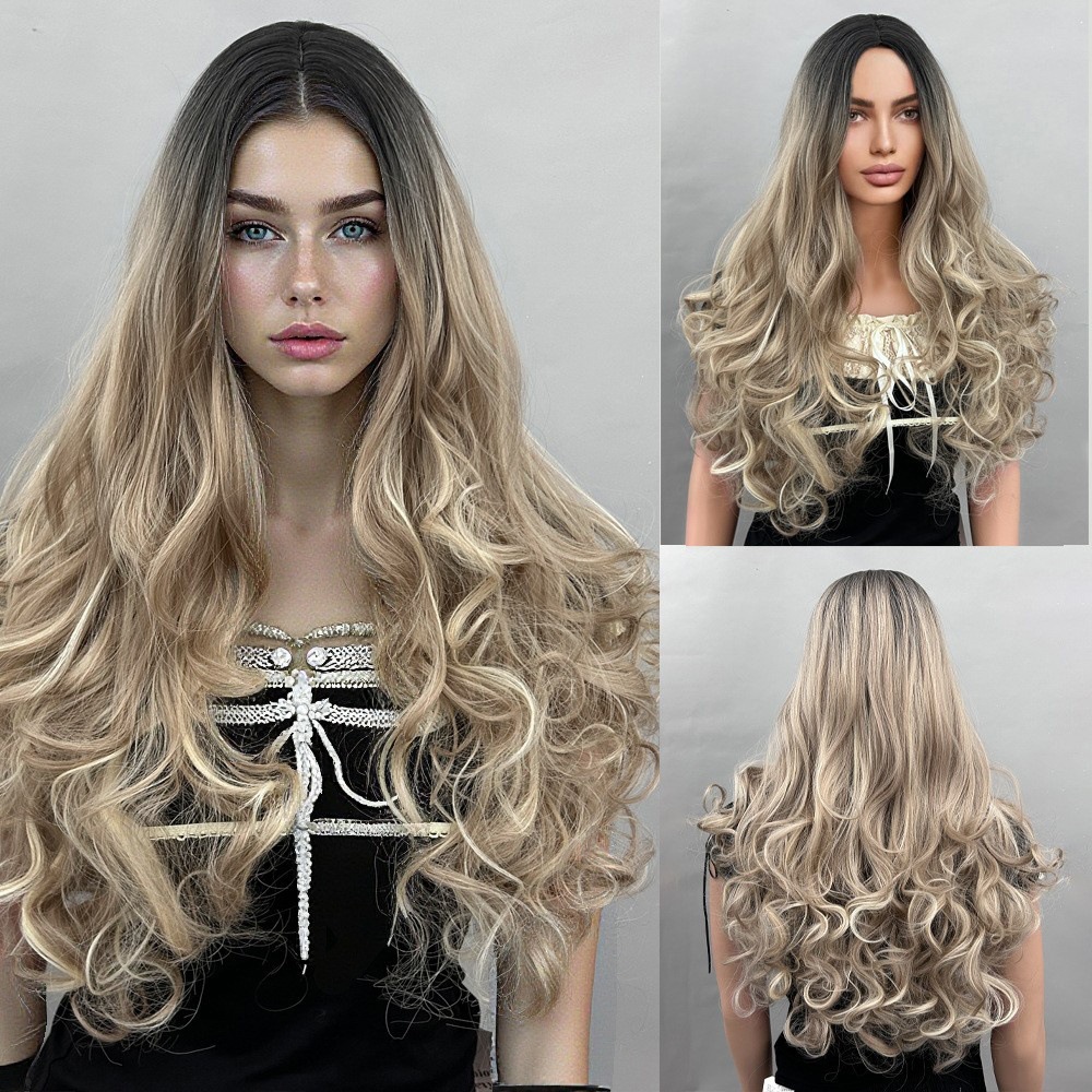 Gradient long hair, split and long curly wig