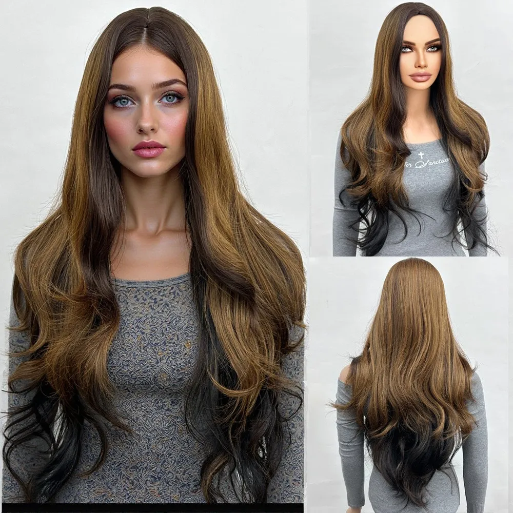 Gradient long hair, split and long curly wig