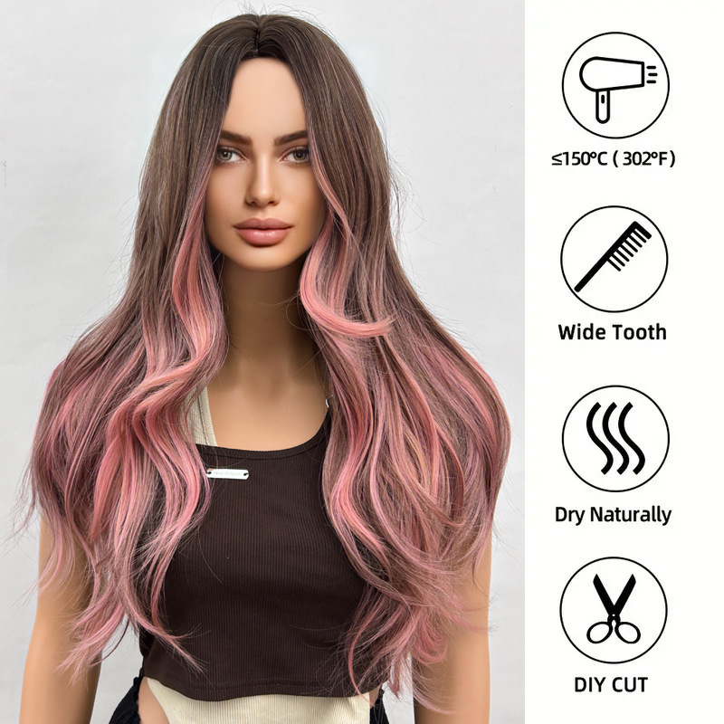 Gradient long hair, split and long curly wig